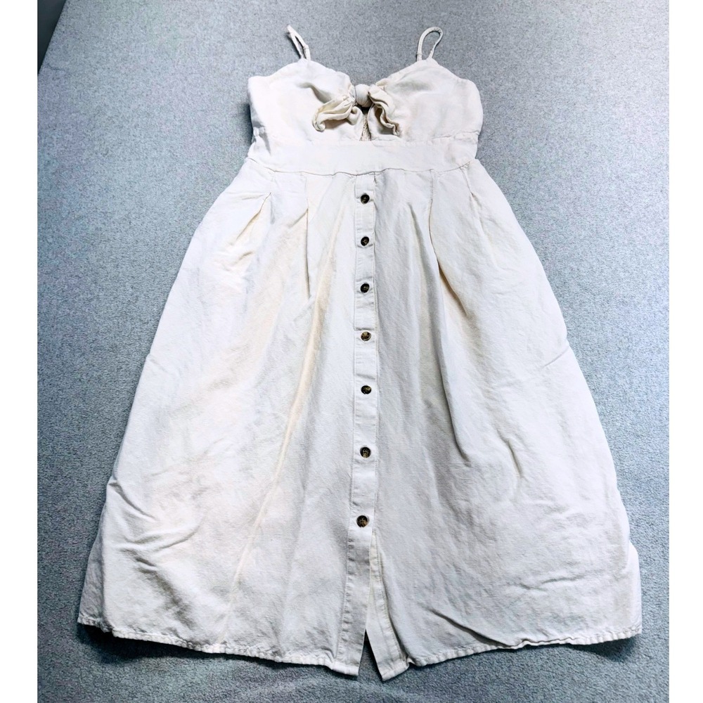 Express Womens Linen Blend Tie Front Midi Dress Ivory Button Front Pockets Boho